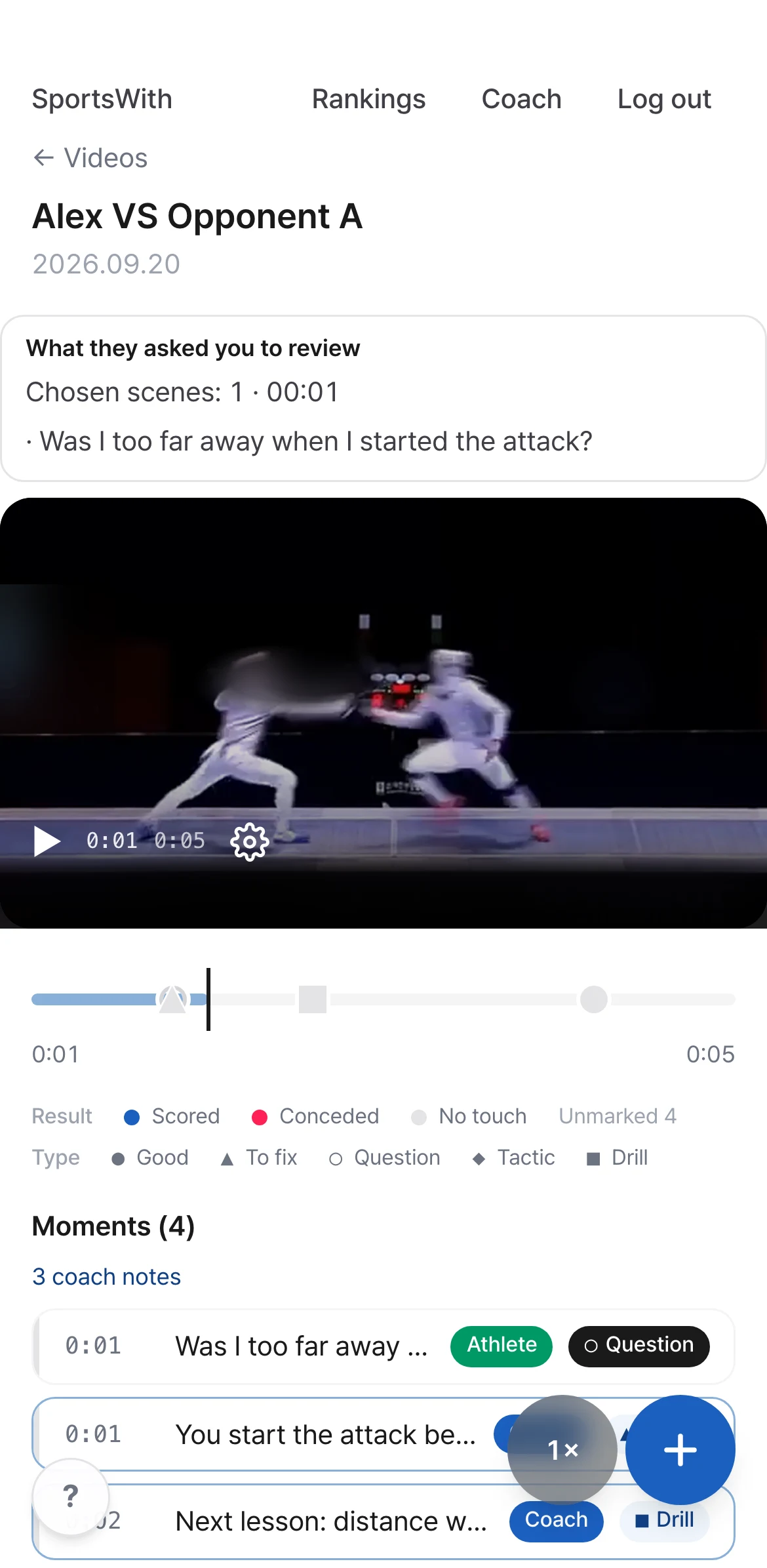 The fencer’s chosen moment and question shown above the video